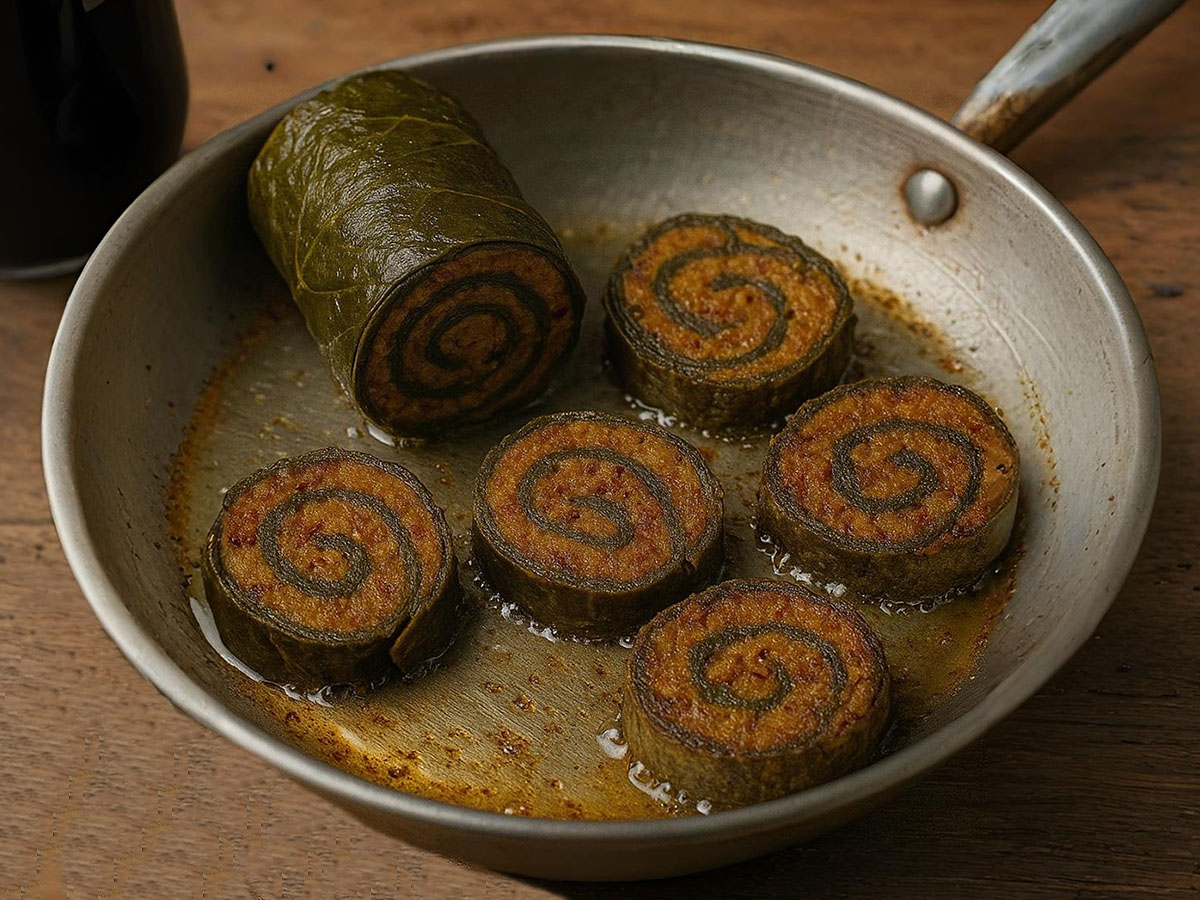 Steamed and sliced Pathrode with visible spiral layers