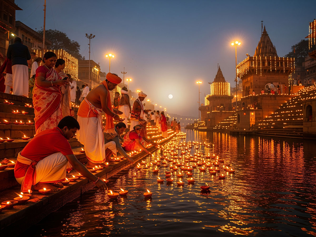 Devotees lighting diyas on Kartik Purnima