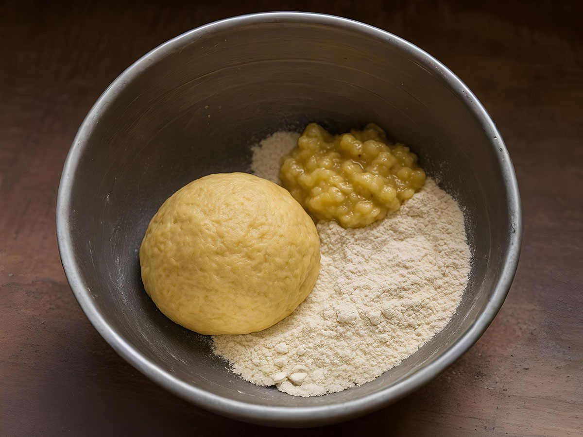 Mangalore buns dough making with mashed banana and flour