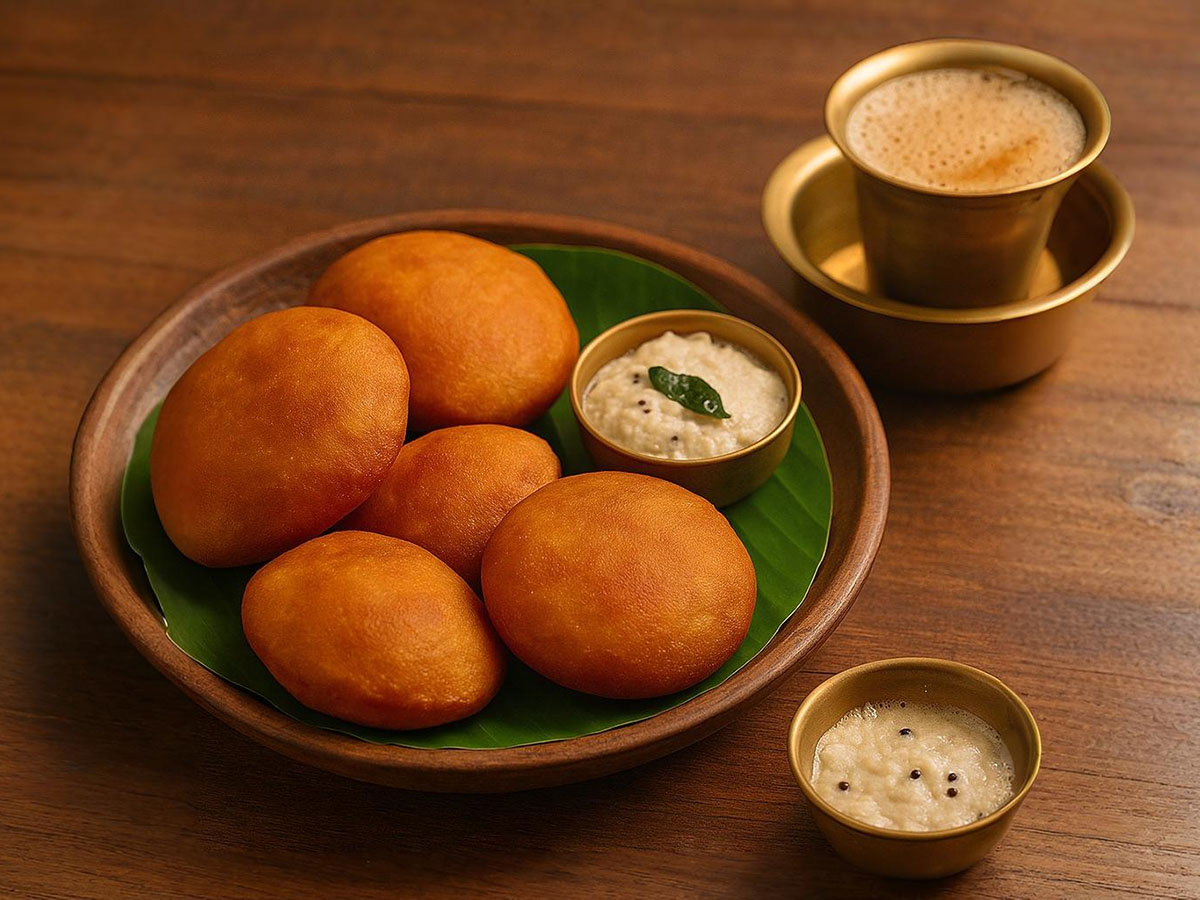 Mangalore buns with chutney and brass filter coffee on wooden table