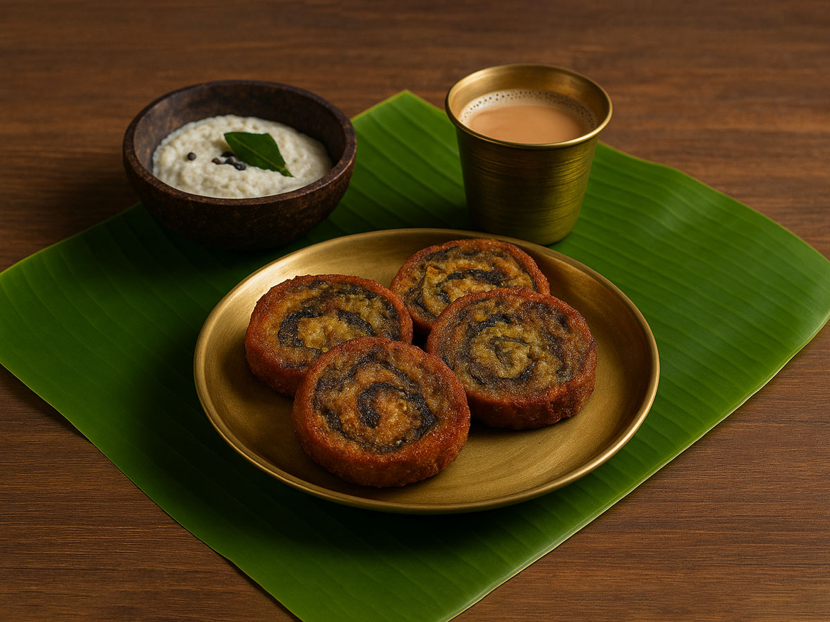 Fried Pathrode slices served with coconut chutney and tea