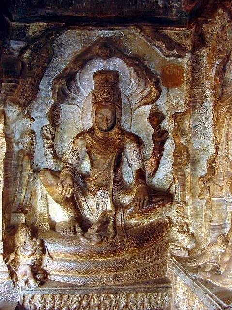 Seated Vishnu On Sheshanaga Badami Cave Temple